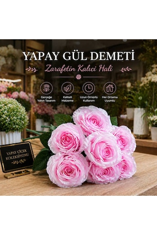 Dekoratif Şık Tasarım Solmayan Pembe Yapay Gül Demeti Çok Renkli