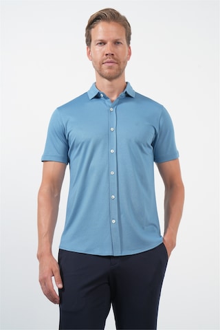 İmza Mavi İtalyan Yaka Kısa Kol Cepsiz Slim Fit Pamuklu Gömlek 1004260158 Koyu Mavi