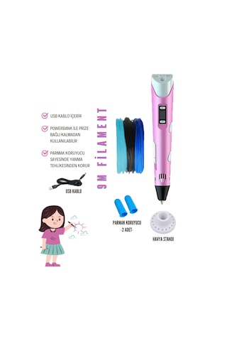 Pembe 3D Kalem 3D Pen Yazıcı Kalem – 3 Adet 3 Metrelik PLA Filament (Toplam 9M) + USB Kablo