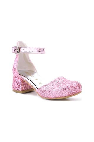 Merida Parlak Pembe Kalın Topuklu Taşlı Kız Çocuk Topuklu Ayakkabı Pembe