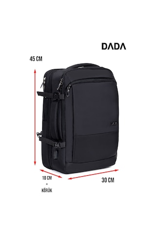 Dada USB Type-C Girişli Fonksiyonel Laptop Sırt ve Seyahat Çantası Siyah 15,6 İnç 40 Litre