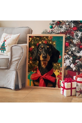 Sevimli Köpek Noel Duvar Sanatı, Kırmızı Fiyonklu Şenlikli Tatil