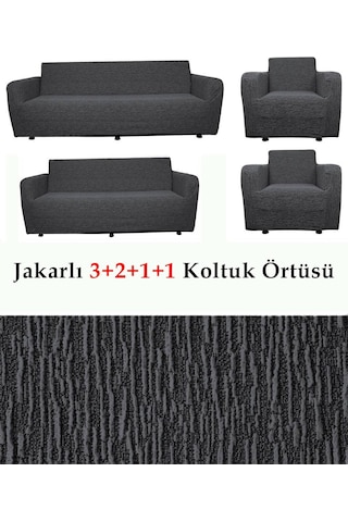StarMall Jakarlı Çubuk, Düz Desen 3 2 1 1 Lastikli Koltuk, Kanepe, Çekyat Örtüsü, Kılıfı Esnekli Antrasit