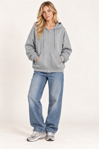 Cool Tarz Unisex Oversize Fermuarlı Kapüşonlu Sweatshirt 3 İplik Şardonlu Gri Gri