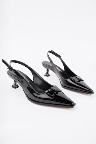 Muggo Forest Arkası Açık Toka Detaylı Günlük Klasik Topuklu Kadın Stiletto Ayakkabı Siyah-Rugan