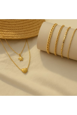 Anneler Günü Ne Özel Kalp & Yıldız Kolye + 4 Lü Bileklik Zarafet Altın - Gold