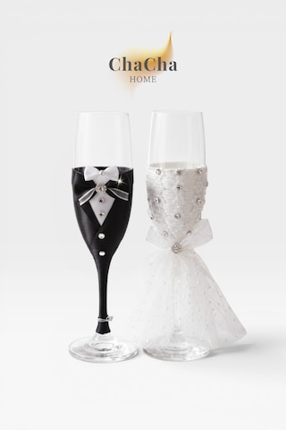 Chacha Home Lüks Düğün Temalı Gelin Damat Kadehi Beyaz - Gri - Siyah