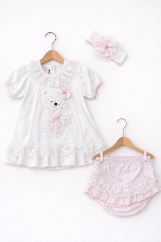 Kardeşler Bebe Dantelli Ayıcıklı Kız Bebek Elbise Takım Saç Bantlı 3 Lü Set Beyaz-pembe