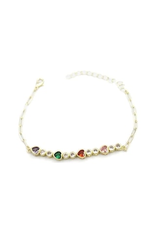 Taşlı Kalp Bileklik - Altın Çok Renkli