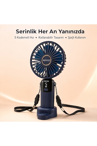 Şarjlı El Vantilatörü 5 Kademeli, Katlanabilir Dijital Ekranlı Mini El Fanı, 1200 Mah, 5 Pervaneli Güçlü Hava Akışı, Standlı Masaüstü Fan, Usb Şarjlı - Lacivert