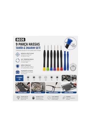 8026 Model 9 Parça Hassas Telefon Gözlük Saat Elektronik Tamir Tornavida Seti - Ekran Sökme Onarım Kiti