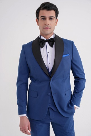 Slim Fit Çıkarılabilir Şal Saten Yaka Parlement Yelekli Damatlık Smokin Takım Black 072 Parlement
