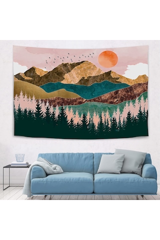 Gajeena Doğa Manzaralı Flanel Duvar Kilimi - Dağ Orman Güneşin Batımı Desenli Dekoratif Tapestri, Yatak Odası Ve Oturma Odası İçin 150x100 Cm Çok Renkli