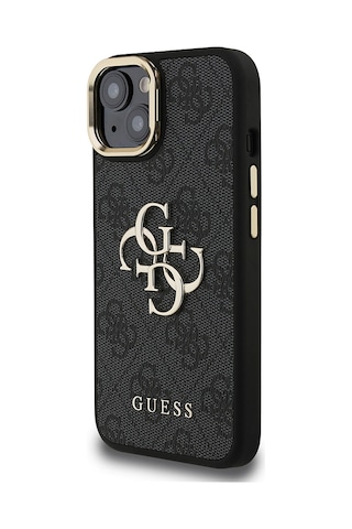 Apple Uyumlu iPhone 15 Kılıf Guess Lisanslı Metal 4g Ve Yazı Logolu Kamera Standlı Kapak Siyah