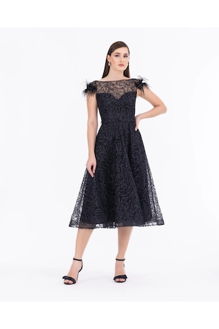 Kayık Yaka Tül Detaylı Simli Abiye-siyah Siyah