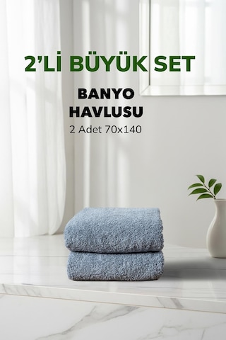 2 Li Kareli Mavi Renk Yumuşak Pamuk Banyo Havlu Seti 70x140 Cm