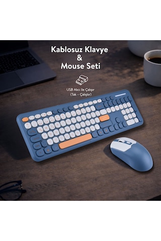 Soft Touch Kablosuz Klavye Mouse Set Lacivert + Beyaz Smk-687 Diğer