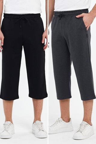 Erkek Yanları Cepli Siyah-Antrasit Bermuda Diz Altı Kapri Beli Ayarlanabilir Lastikli Uzun Şort Gri