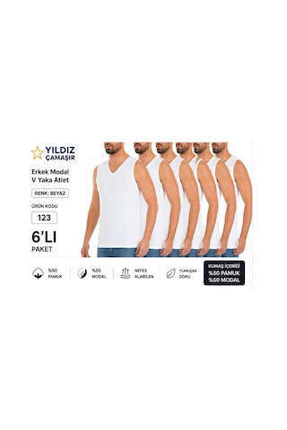 Yıldız Çamaşır Erkek Yazlık Süper İnce V Yaka Sıfır Kol Modal Fanila Atlet 123-124 - 6 Adet Beyaz