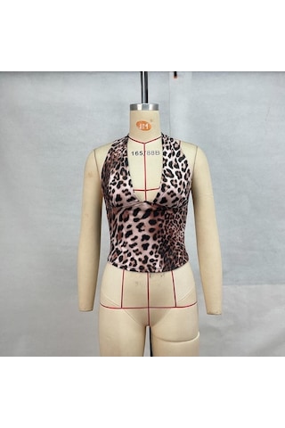 Novahub Kadın Leopar Desenli Askılı Kolsuz Sırtı Açık V Yaka Kısa Atlet Leopar Desenli - L Leopar Desenli