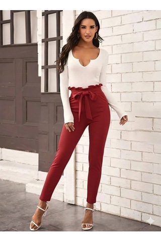 Valensdesign Kadın Yüksek Bel Beli Fırfırlı Önden Bağlamalı Ithal Krep Pantolon Bordo