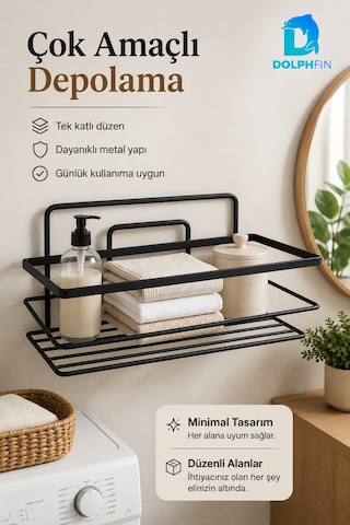 Tek Katlı Siyah Metal Çok Amaçlı Raf Duvar Rafı Banyo Mutfak Düzenleyici Organizer