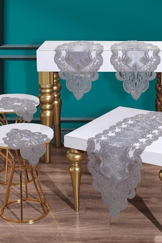 Fransız Güpürlü Kadife Midye Salon Takımı 5 Parça Gri Gri