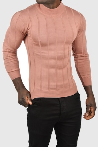 Deepsea Erkek Gülkurusu Slim Fit Likralı Tüylenme Yapmayan Yarım Balıkçı Çizgili Triko Yarım Boğazlı Kazak 2505503 Gülkurusu