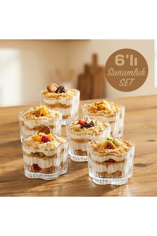 Porsima Ryg7061 Flower 6lı Cam Kase Puding Magnolya Tatlı Ve Dondurma Kasesi Kahvaltılık Kase Seti Çerez Kasesi 6x7,5cm Şeffaf
