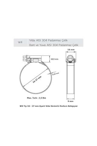 3 Adet W4 Hortum Kelepçesi 16-27 mm Ayarlı 304 Kalite Paslanmaz