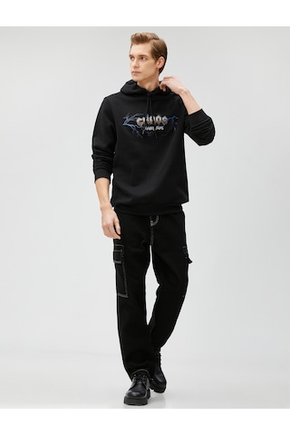 Koton Kapşonlu Sweatshirt Kuru Kafa Baskılı Uzun Kollu Siyah 3sam70129mk Siyah