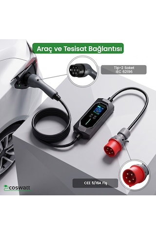 11KW 16A Türkçe Menü 10M Elektrikli Araç Şarj İstasyonu Taşınabilir