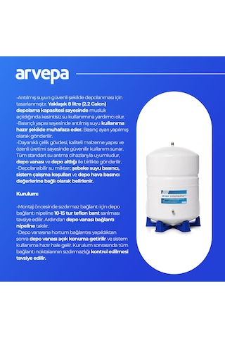 Arvepa Su Arıtma Cihazı 8 Litre (2.2 Galon) Çelik Depo Tankı - Uzun Ömürlü (Vana ve Altlık Dahil)