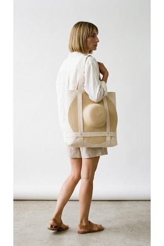 Şapka Askılı Kanvas Plaj Çantası Krem Renk Büyük Boy İç Cepli Krem