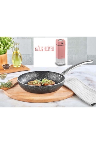 Granit Tava 24 Cm Ve Pembe Yağlık Sirkelik Sosluk Siyah