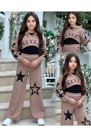 Star Style Kız Çocuk 3'lü Takım - 3/12 Yaş - 31517 Kahverengi