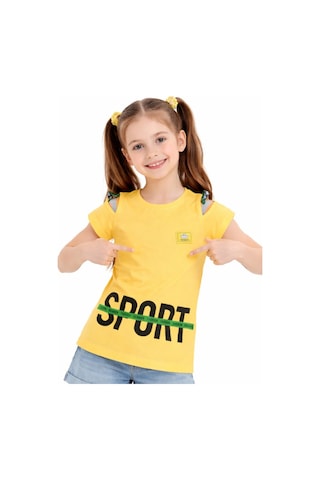 İrem Çocuk Giyim Kız Çocuk Sport Yazı Desenli Omuz Detaylı Sarı Renk Tişört Sarı