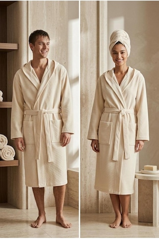 Soft Comfort Lacost Örgü Unisex Kapüşonlu Bornoz Bej