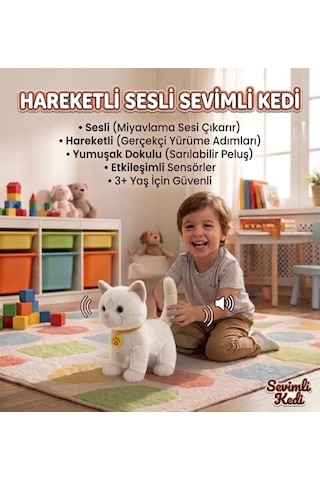 Sevimli Kedi Uzaktan Kumandalı Sesli Miyavlıyan Dil Çıkaran 5 Fonksiyonlu Oyuncak Peluş Hayvan Krem