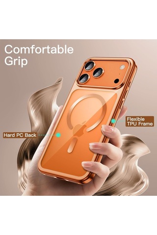 Teknomoda Apple Uyumlu iPhone 17 Pro Max Kılıf Kamera Çevresi Korumalı Renkli Magsafe Şarj Şeffaf Silikon Turuncu
