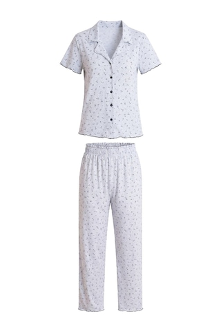 Cottonhill Gri Çiçek Desenli Pointel Gömlek Yaka Kadın Pijama Takımı Okyanus