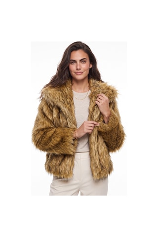 Onloox Kadın Camel-siyah Camel Siyah Polyester Suni Kürk Dokulu Geniş Yakalı Kısa Boy Astarlı Premium Ceket