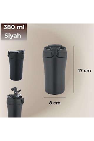 Paslanmaz Çelik Bardak Mug Termos 380 Ml Çift Katmanlı, Sızdırmaz Kapaklı-284 Siyah
