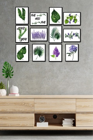 No77decor 12 Parça Yeşil Yaprak Tarzında Tablo Seti