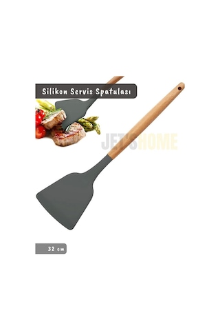 Silikon Servis Spatula Mutfak Kaşığı Pasta Spatulası Ahşap Saplı 32 Cm Gri