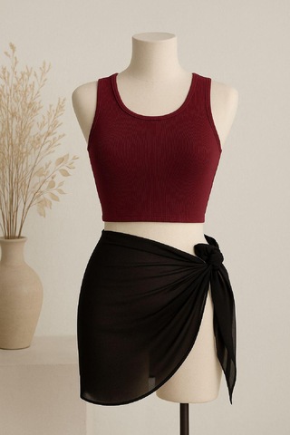 Moda Dua Kadın Bordo Yuvarlak Yaka Crop Ve Siyah Pareo 2'li Set