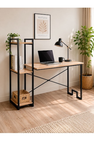 Raflı Çalışma Masası Kitaplıklı Bilgisayar Masası Metal Ayaklı Home Office Ofis Masası Siyah - Siyah