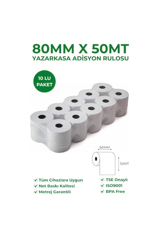80x50 Termal Rulo Yazarkasa Adisyon Rulosu 1 Paket 10 Adet Tse Belgeli Bpa Free