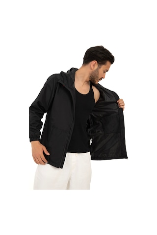Riverstorm Erkek Siyah İçi Astarlı Kanguru Cepli Su Ve Rüzgar Geçirmez Kapüşonlu Cepli Yağmurluk Siyah