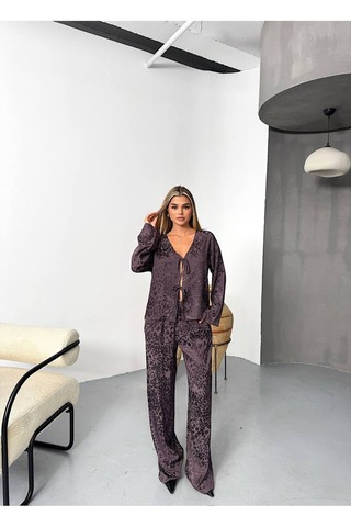 Kechi Woman Leopar Desenli Bağlamalı Saten Takım Kahverengi